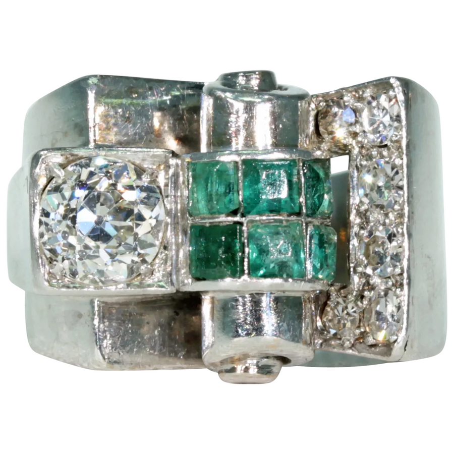 Vintage Art Deco Diamond Emerald Cocktail Ring 18k White Gold