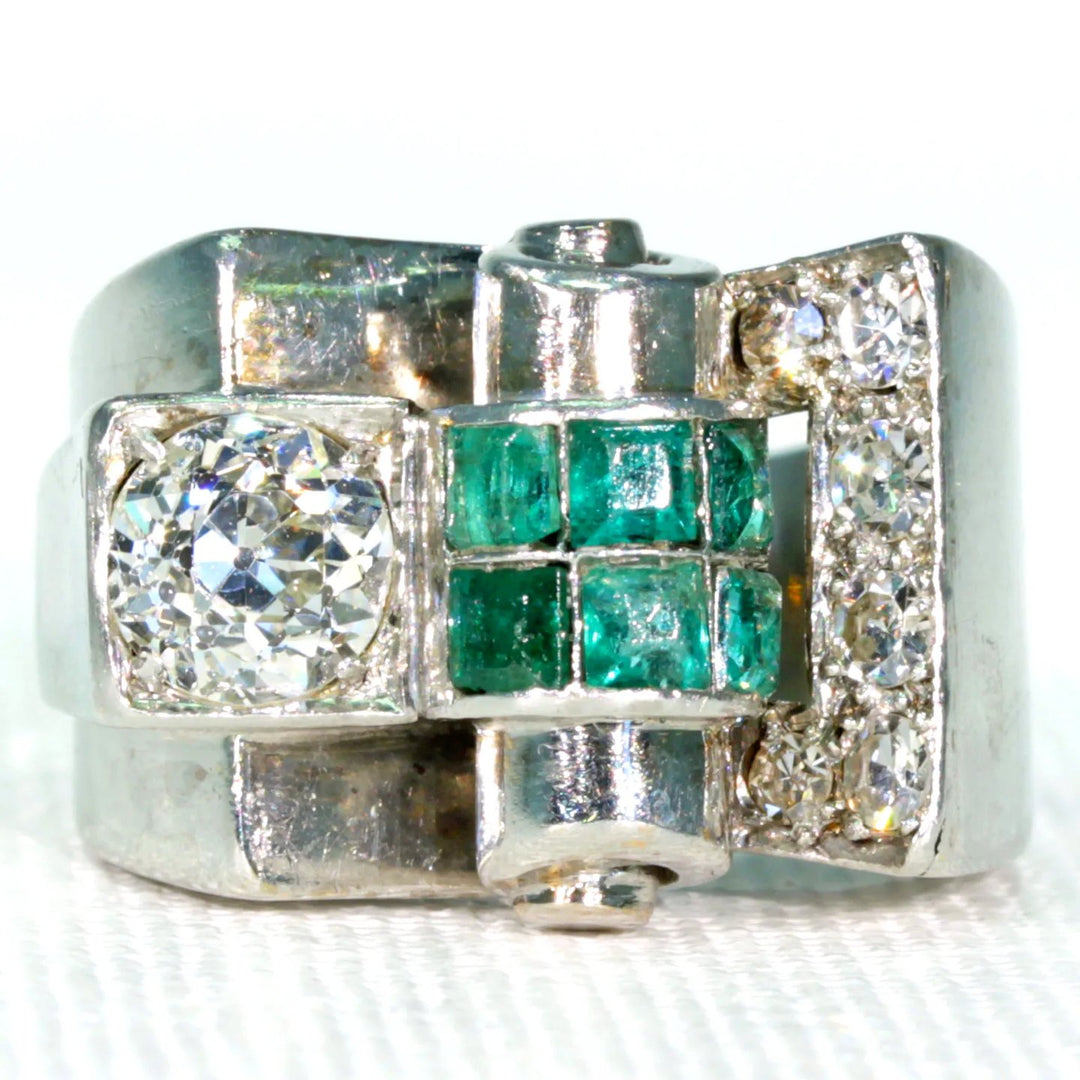Vintage Art Deco Diamond Emerald Cocktail Ring 18k White Gold