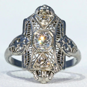Vintage Art Deco Filigree Diamond Ring, 18k White Gold