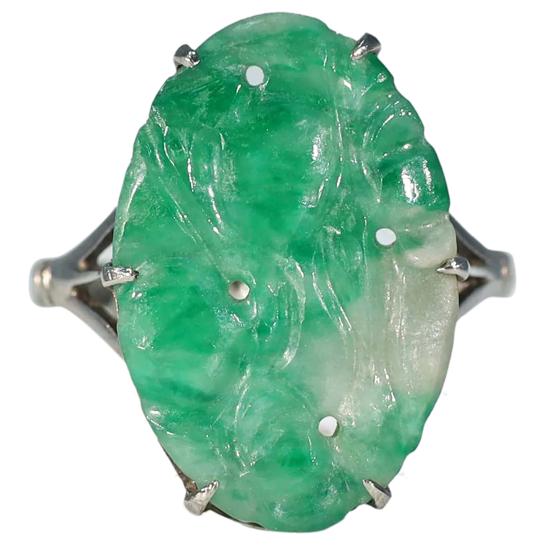 Vintage Art Deco Jade 9k White Gold Ring