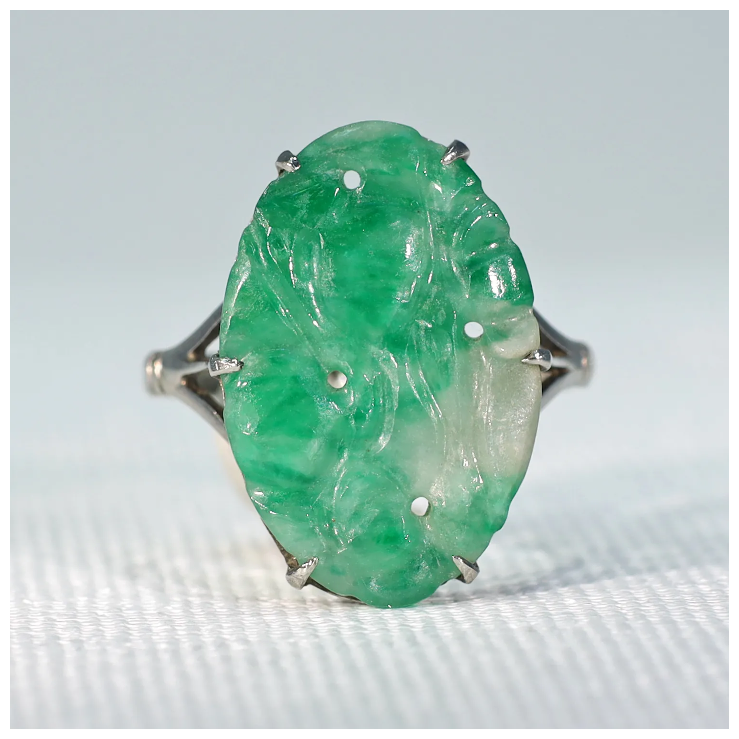 Vintage Art Deco Jade 9k White Gold Ring - Victoria Sterling