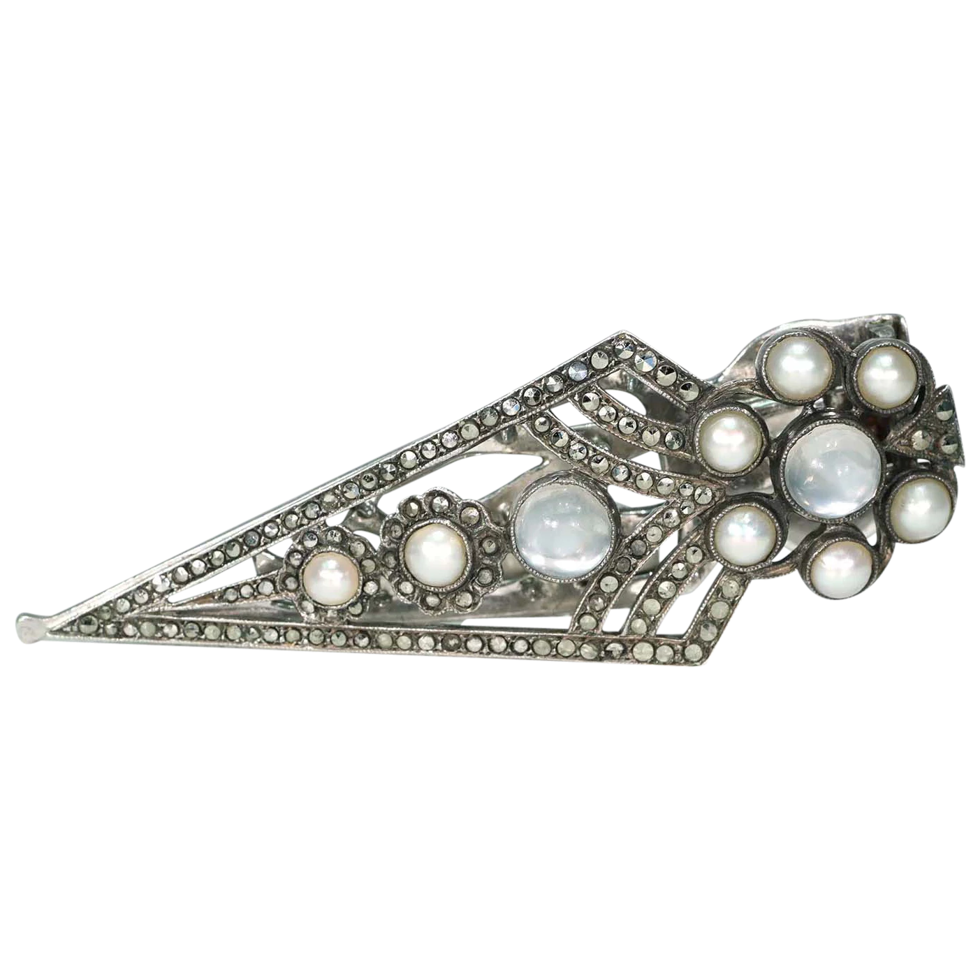 Vintage Art Deco Moonstone and Marcasite Dress Clip