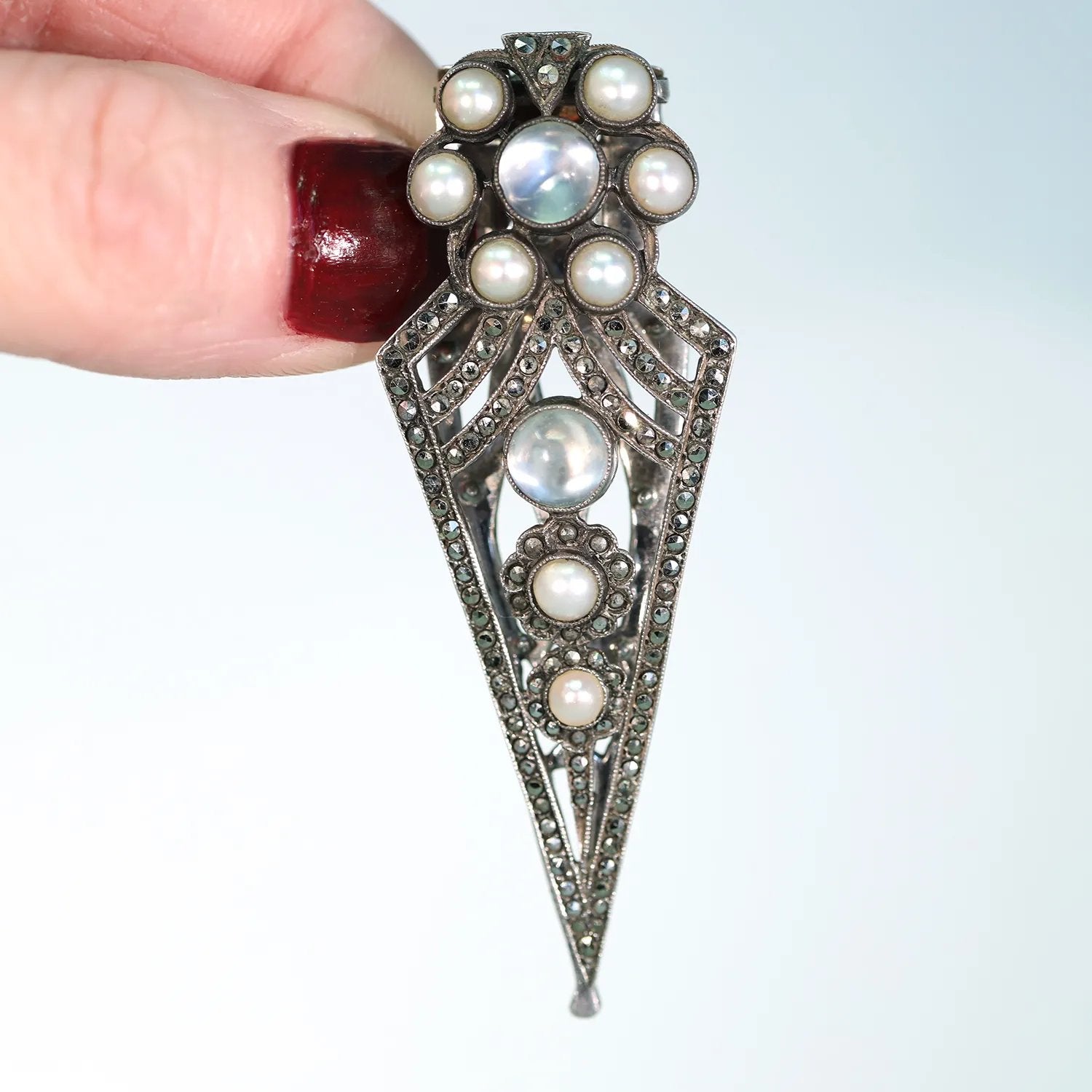 Vintage Art Deco Moonstone and Marcasite Dress Clip