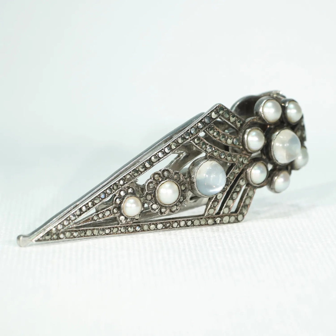 Vintage Art Deco Moonstone and Marcasite Dress Clip