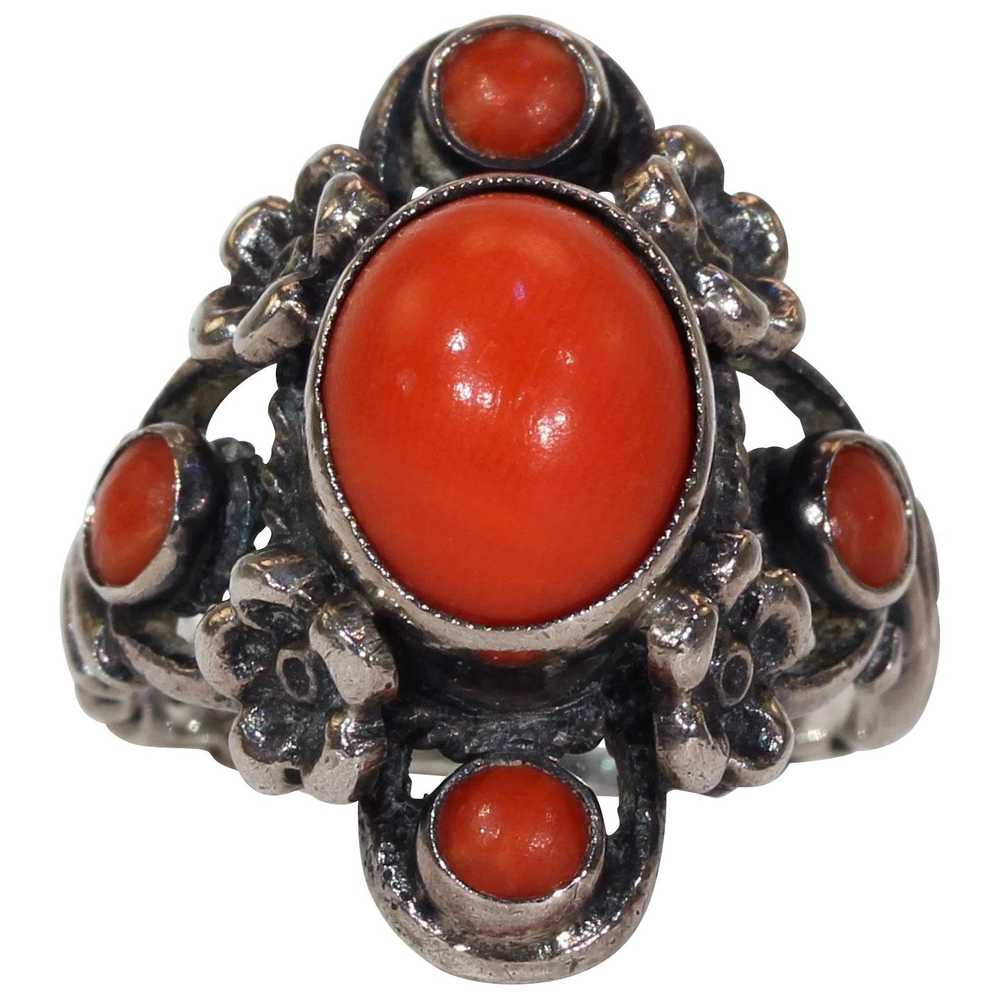 Vintage Austro-Hungarian Silver Red Coral Ring Floral Motif