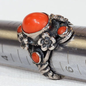 Vintage Austro-Hungarian Silver Red Coral Ring Floral Motif