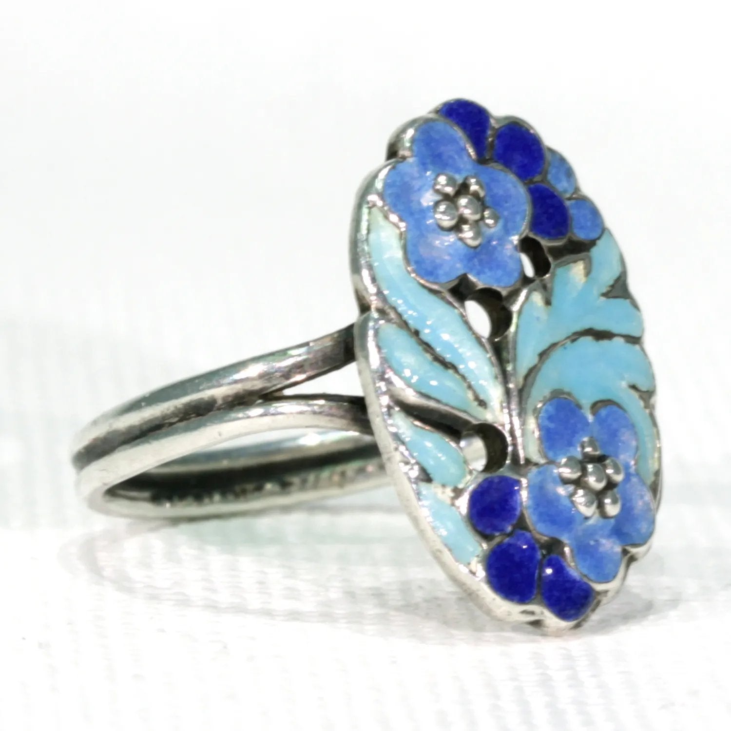 Vintage B. Instone Silver Blue Enameled Ring