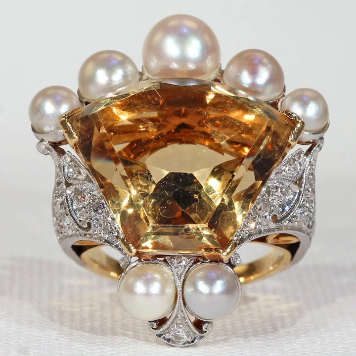 Vintage Calf Cut Citrine Pearl Diamond Crown Ring