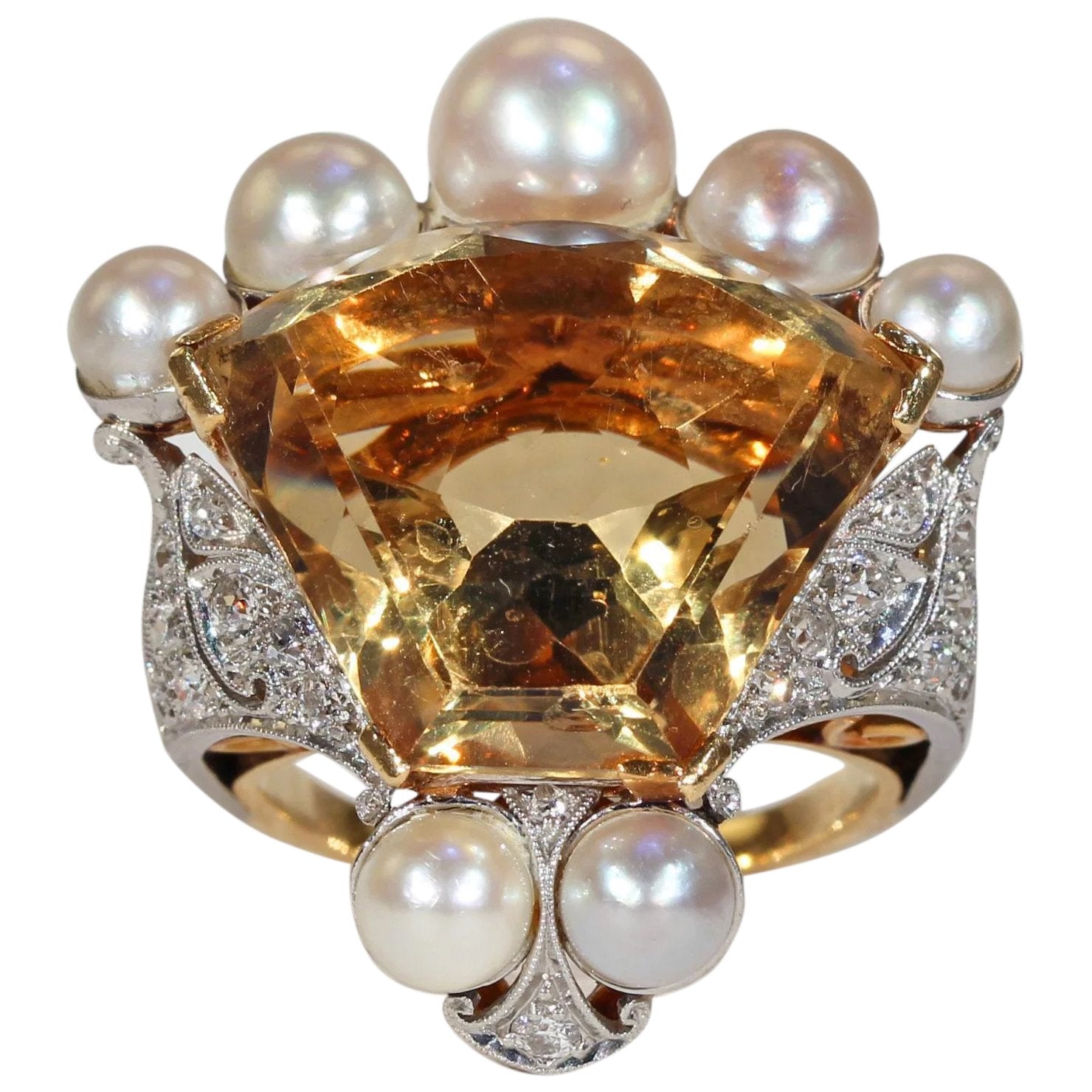 Vintage Calf Cut Citrine Pearl Diamond Crown Ring