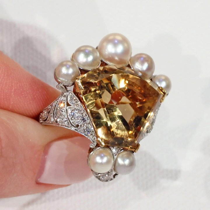 Vintage Calf Cut Citrine Pearl Diamond Crown Ring