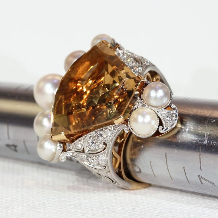 Vintage Calf Cut Citrine Pearl Diamond Crown Ring