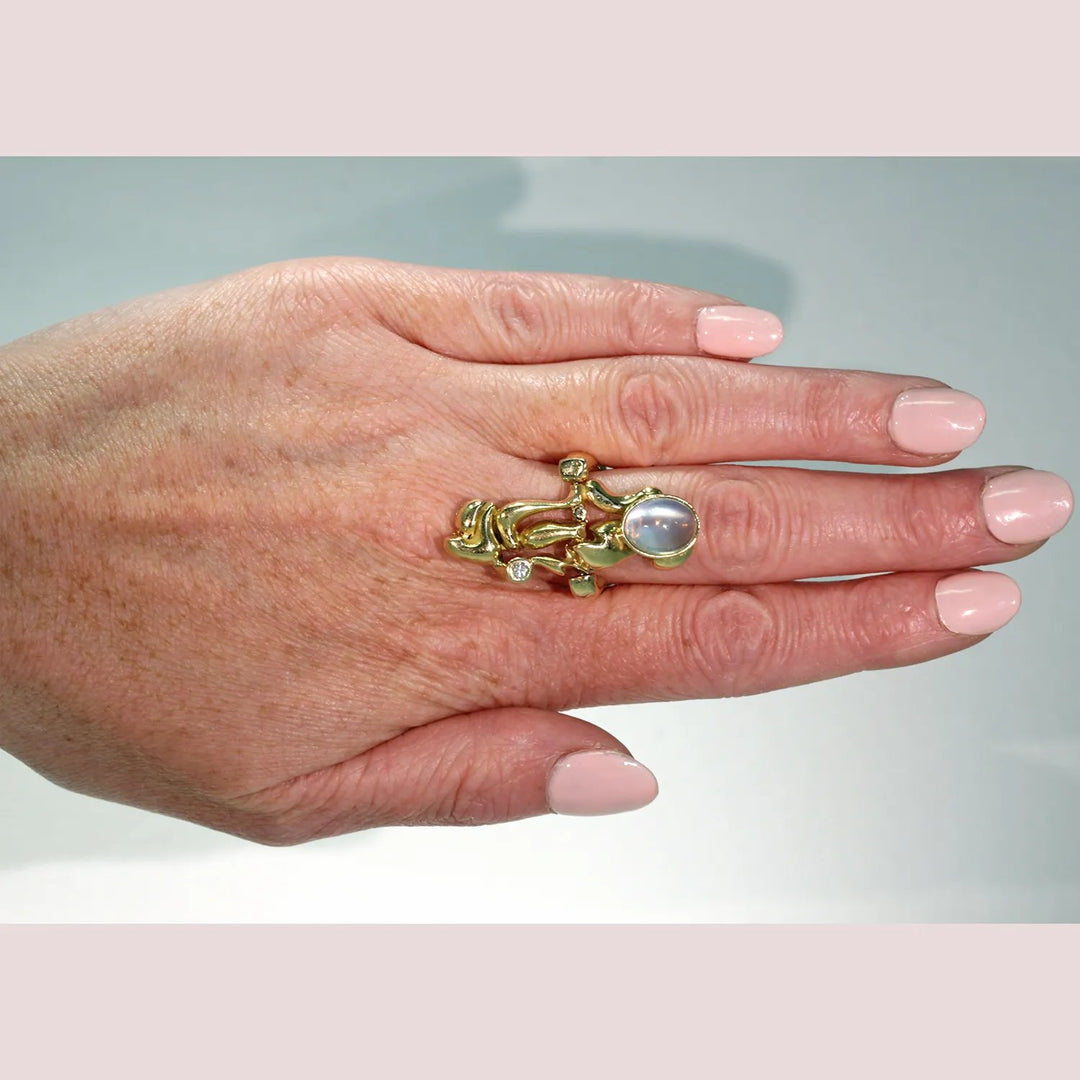 Vintage Impressionist Diamond Moonstone Ring Pendant 18k Gold French Designer