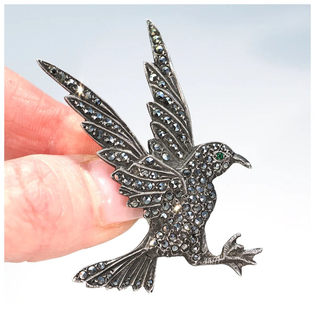 Vintage Marcasite Bird in Flight Brooch Pin Silver
