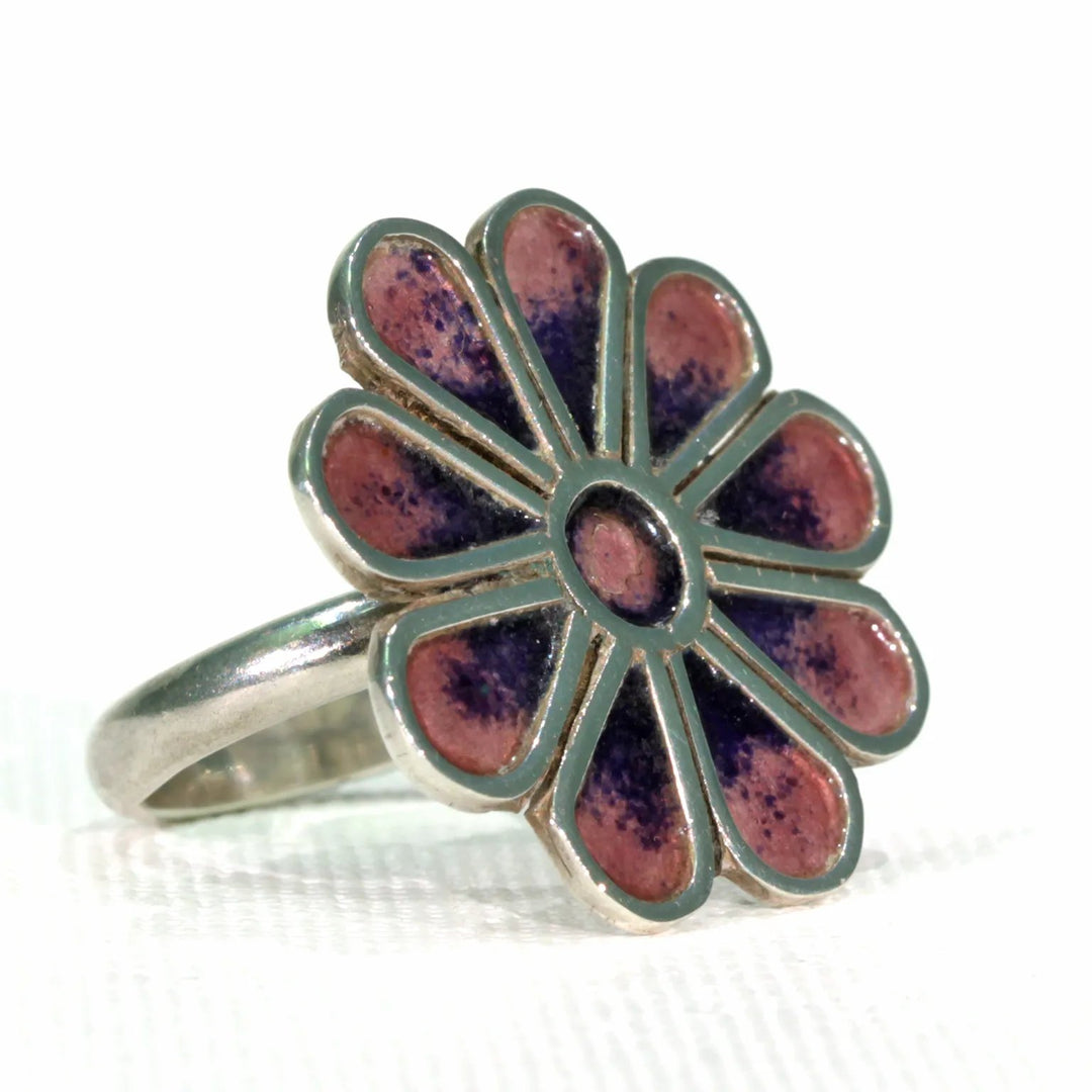 Vintage Norman Grant Purple Enamel Flower Ring Silver
