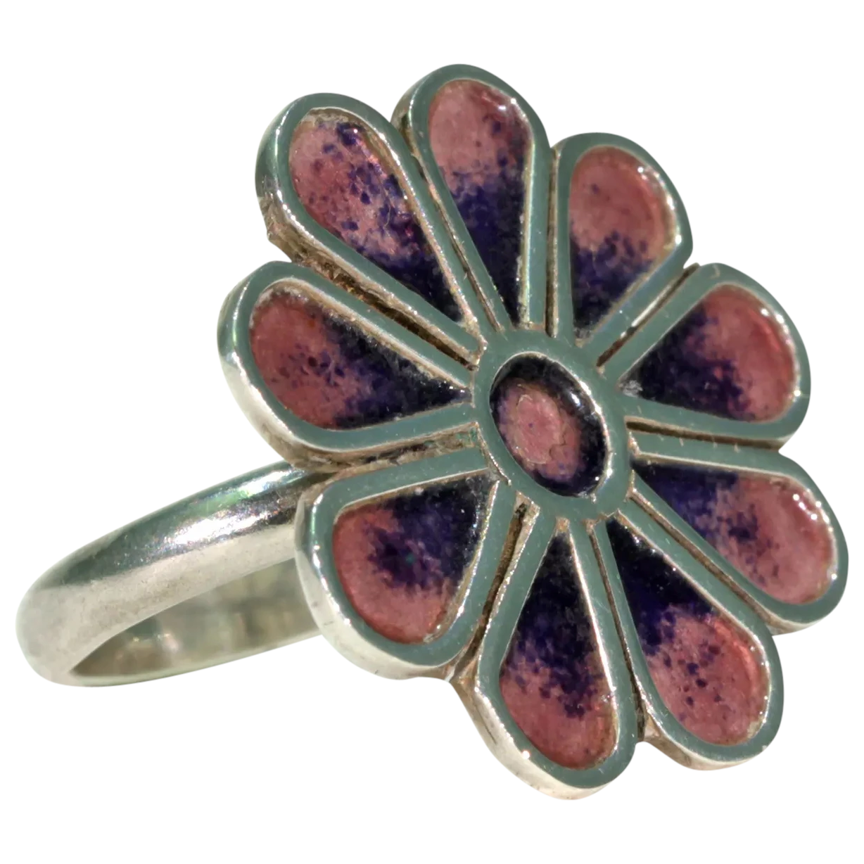 Vintage Norman Grant Purple Enamel Flower Ring Silver - Victoria Sterling