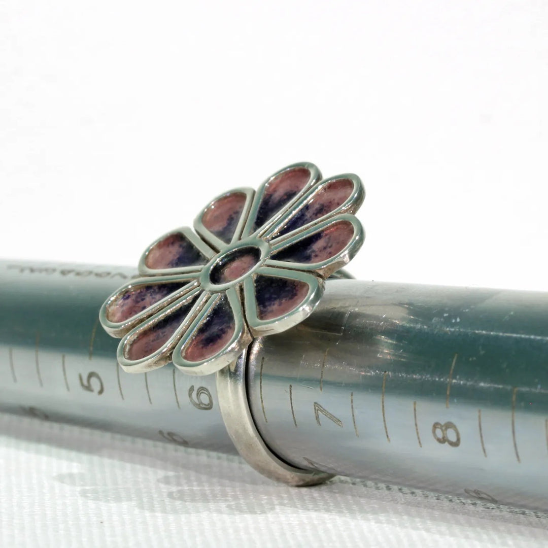 Vintage Norman Grant Purple Enamel Flower Ring Silver