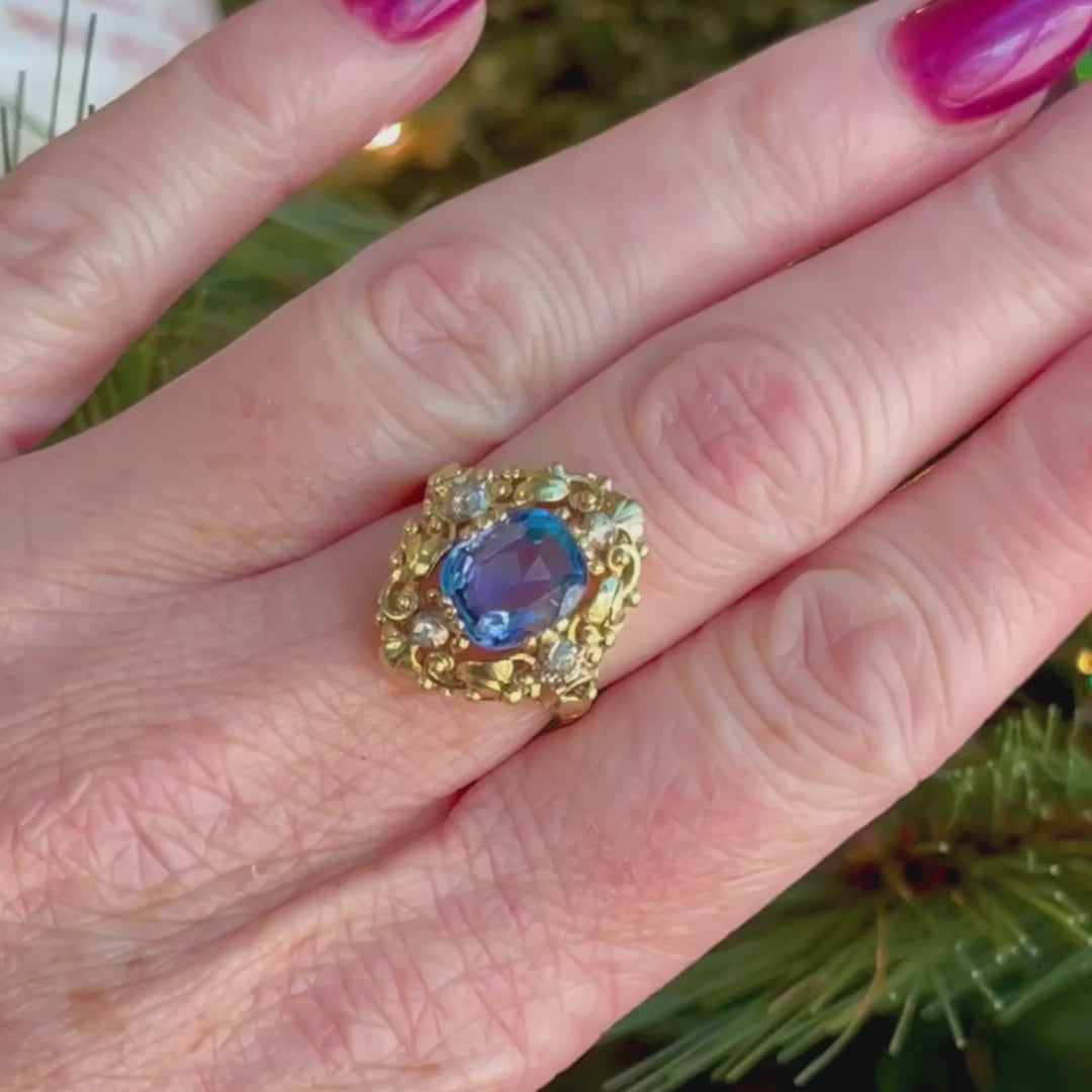 Antique Austro-Hungarian Sapphire Diamond Ring, 14k Gold & Silver Three-Stone Vintage Band, c. 1890