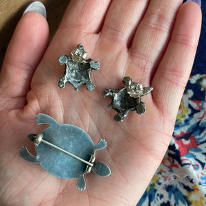 Vintage Silver Turtle Brooch and Earrings Set